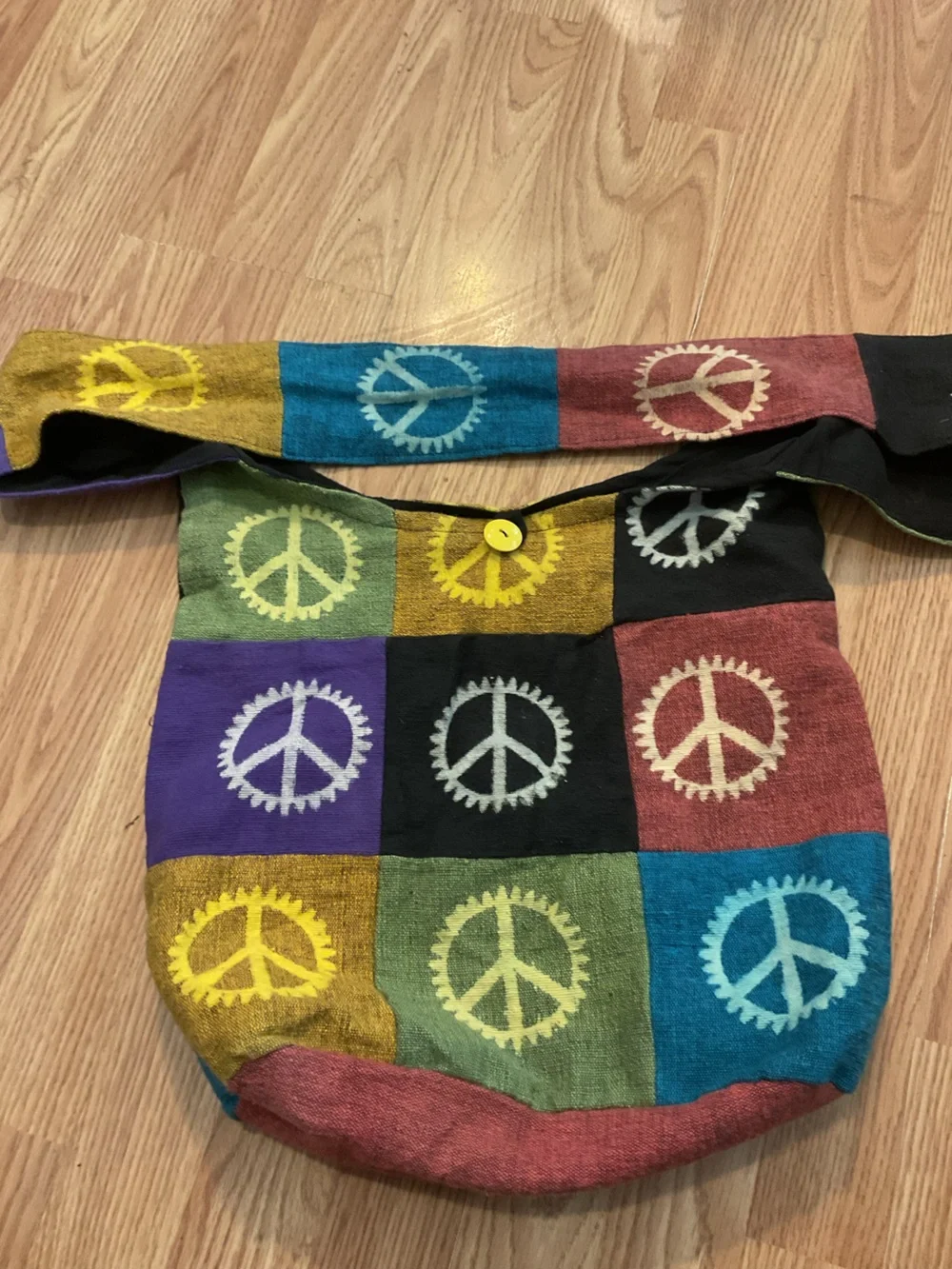 Colorful Hippie Hobo Patchwork Peace Sign Crossbody Bag - Multicolor 13x15